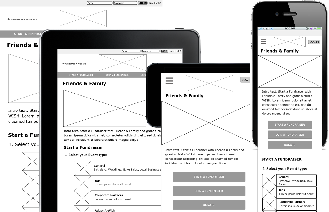 Responsive Wireframes for a Friends and Family Event website