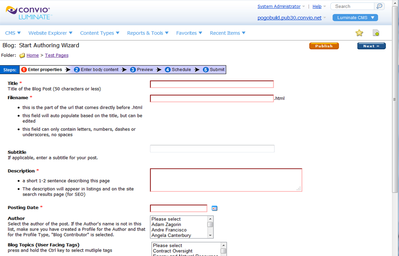 Shows the administrator authoring form for a Blog Post