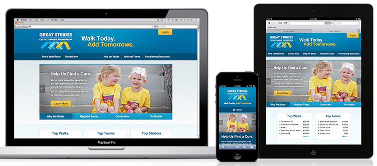 Laptop, Tablet and mobile views of the Great Strides homepage